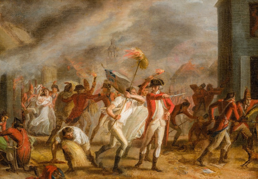 JOHN TRUMBULL (American, 1756&ndash;1843), &quot;The Burning of New London,&quot; about 1785. Oil on canvas, 14 x 20 in.