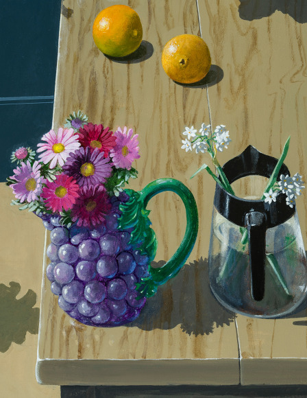 Paul Wonner (1920&ndash;2008), Dutch Still Life with Flowers in Pitchers, Two Tables and a Chair (detail),&nbsp;1988