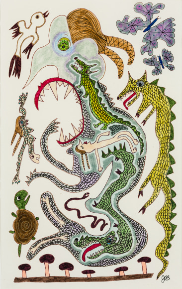 a drawing by self-taught artist Jeanne Brousseau of a beast-woman who has swallowed a naked girl and other animals