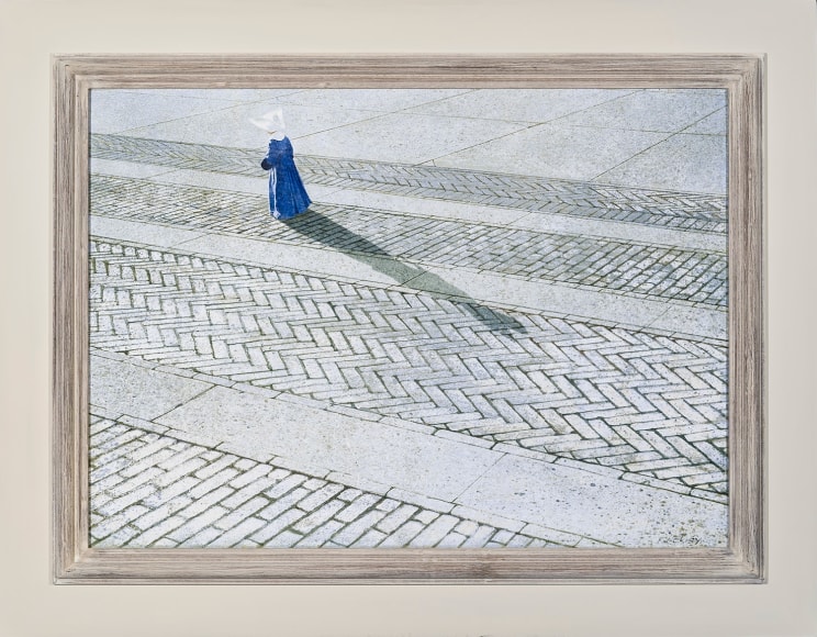 ROBERT VICKREY (1926–2011), "Nun Walking a Brick Road." Egg tempera on Masonite, 15 7/8 x 21 7/8 in. Showing painted and stained Modernist frame.