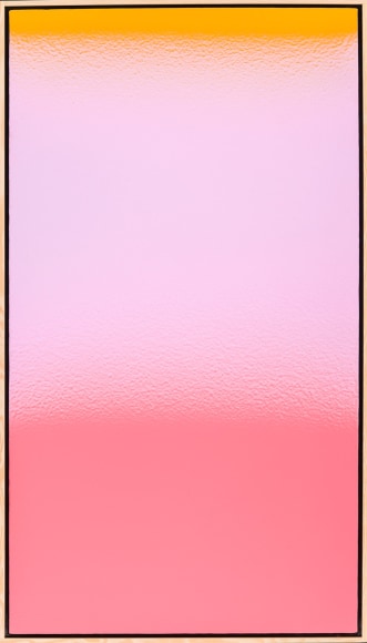 a colorfield painting by Stanley Twardowicz done with an airbrush showing a luminous band of orange blending into a large dominant field of lilac into a block of pink at the bottom