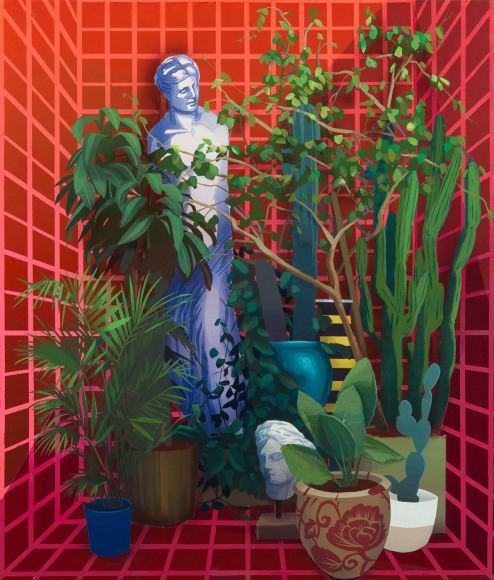 a painting by Robert Minervini of a plants, cactii and Greek sculpture in a futuristic, red niche