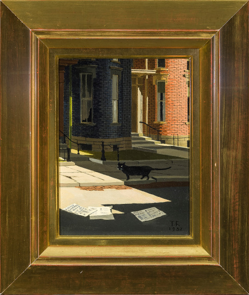 THOMAS FRANSIOLI (1906–1997) "King George Dies," 1959. Oil on canvas, 8 1/4 x 6 1/4 in. Showing gilded reverse-bevel frame.