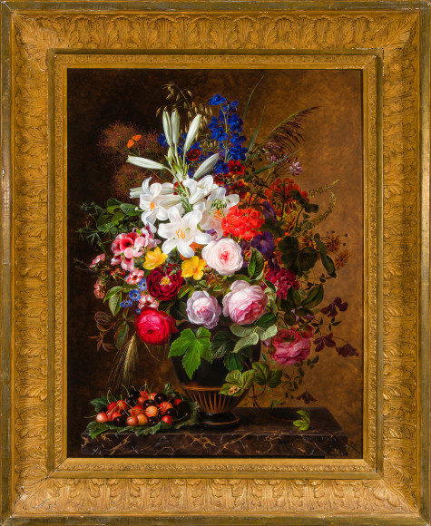 JOHAN LAURENTZ JENSEN (Danish, 1800&ndash;1856), &quot;Lilies, Orange and Pink Pelargonium, Roses and other Flowers in a Greek Vase on a Marble Ledge with Cherries,&quot; 1848. Oil on wood panel, 31 x 23 1/2 in. Showing gilded Neo-Classical style frame.