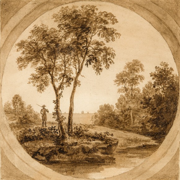THOMAS BIRCH (1779–1851), "Coastal Scene," c. 1850. Sepia wash drawing, 8 15/16 x 8 13/16 in.