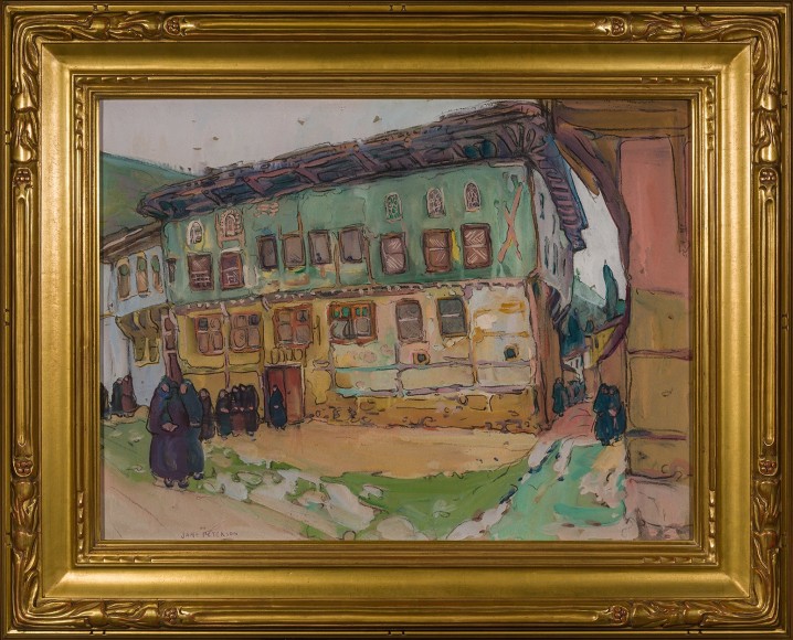 JANE PETERSON (1876&ndash;1965), &quot;Sultana's Palace, Constantinople,&quot; 1924. Gouache on paper, 17 7/8 x 24 in. Showing gilded American Impressionist-style frame.