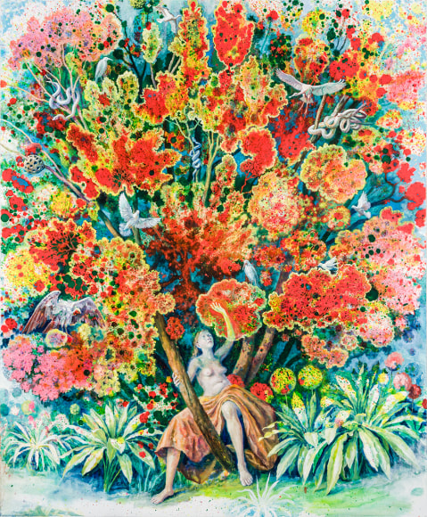 a painting by Julie Heffernan of a woman in a large gold skirt, straddling a tree trunk whose branches contain abstract flowers and birds