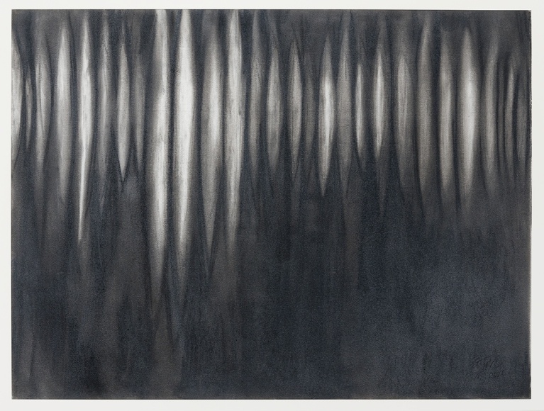 an abstract drawing by Elizabeth Turk of white discs layered on top of each other