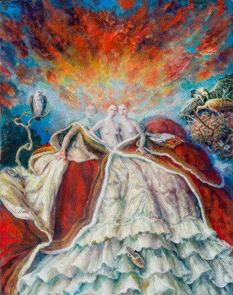 Julie Heffernan (b. 1956), &quot;Study for Self-Potrait with Several Tiny Queens,&quot; 2023. Oil on canvas, 28 x 22 in.