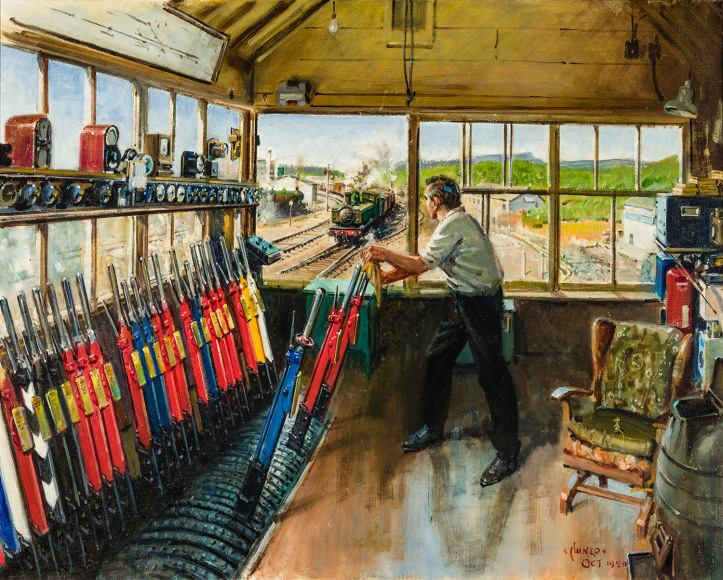 ce Cuneo (British, 1907–1996), "Lostwithiel Crossing Signal Box,' 1990. Oil on canvas, 24 x 30 in.