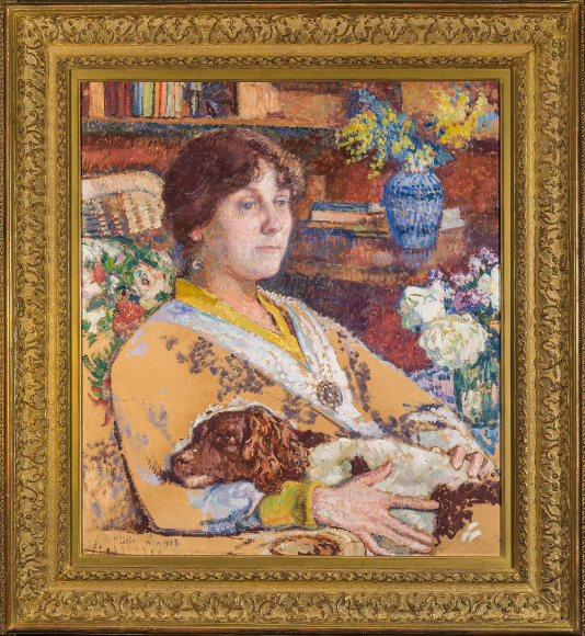 THÉO VAN RYSSELBERGHE (Belgian, 1862–1926), Portrait of Laure Flé, 1913. Oil on paper board, 27 x 23 3/4 in. Showing gilded Louis XIV-style frame.
