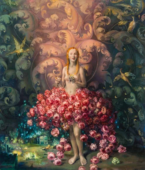 JULIE HEFFERNAN (b. 1956), "Self Portrait with Birds in My Fingers," about 2005. Oil on canvas, 67 1/8 x 57 1/8 in