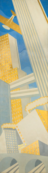 WINOLD REISS (1886&ndash;1953), &quot;City of the Future [Vertical panel &quot;Fb&quot;],&quot; about 1936 .Oil, gold leaf, and gold paint on canvas, 118 x 32 in.