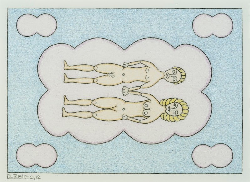 a colored pencil drawing by self-taught artist David Zeldis of a naked couple laying down in a cloud, holding hands