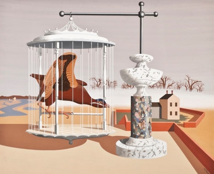 JOHN ATHERTON (1900–1952), Bird in Cage, about 1940. Tempera on wood panel, 20 x 24 in