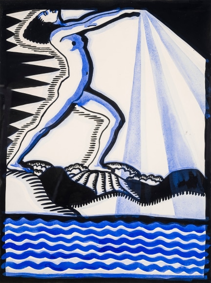 WINOLD REISS (1886–1953), "Nude Woman Stepping on Land." Tempera on paper, 19 7/8 x 14 7/8 in.