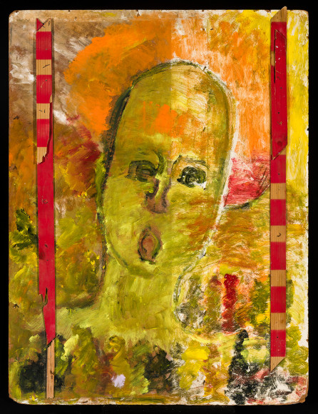 a paint and wood assemblage of an angel with an open mouth by Self-taught artist Purvis Young