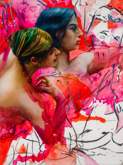 a painting by Angela Fraleigh of two women from various art historical sources reading within a complex and hallucinatory patterned background