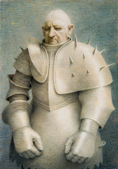 ROBERT VICKREY (1926–2011), "Clown in Armor," 1961. Egg tempera on gessoed panel, 33 1/2 x 23 7/8 in.