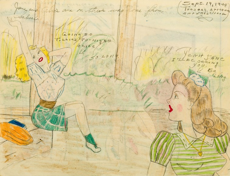 a drawing by self-taught artist Mary P. Corbett of two of her &quot;The Catville Kids&quot; talking outside