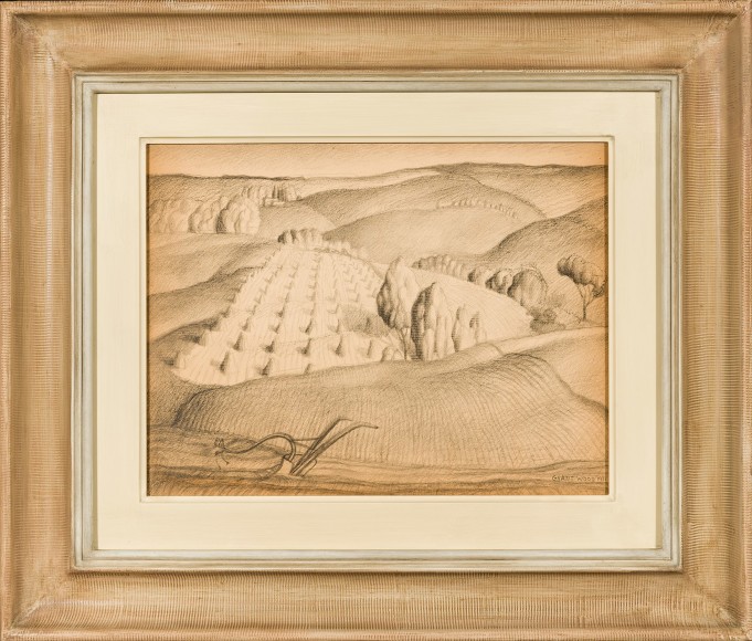 GRANT WOOD (1891–1942), "Study No. 1, Fall Plowing, 1931. Charcoal and pencil on paper, 10 3/4 x 14 in. Showing Regionalist style combed cove frame and painted liner.