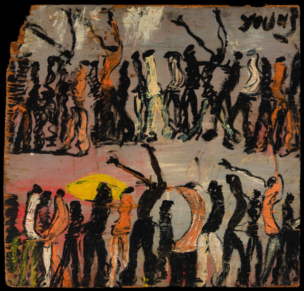 PURVIS YOUNG (1943&ndash;2010), &quot;[Procession with Raised Arms],&quot; early 1970s. Oil on heavy paper, 24 x 24 in.