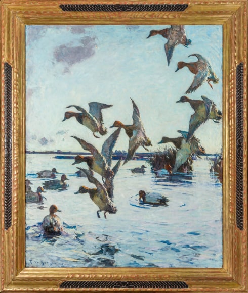 FRANK WESTON BENSON (1862&ndash;1951), &quot;Redheads Lighting,&quot; 1924. Oil on canvas, 44 x 36 1/2 in. Showing original gilded and painted Walfred Thulin frame.