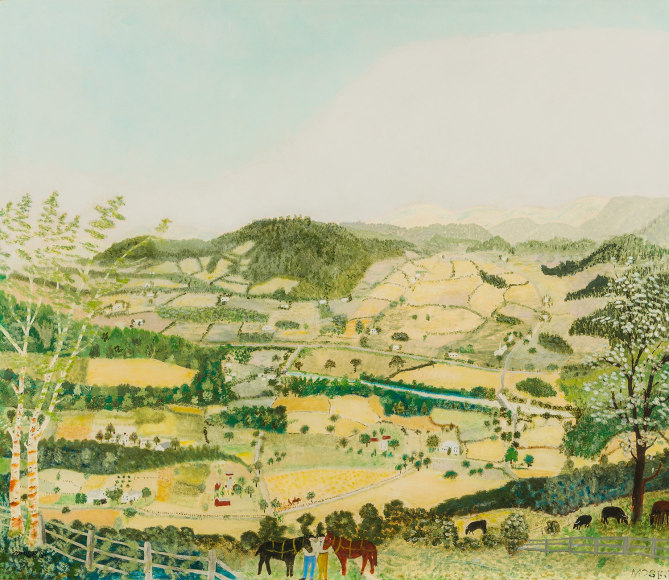 ANNA MARY ROBERTSON &ldquo;GRANDMA&rdquo; MOSES&nbsp;(1860&ndash;1961), &quot;Lower Cambridge Valley,&quot; 1942. Oil on panel, 22 x 26 in.