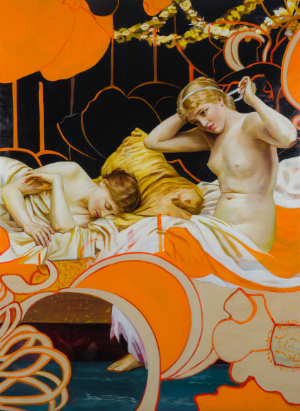 a painting by Angela Fraleigh of two women from various art historical sources waking in  a complex tangle of Art Nouveau-patterned swirls