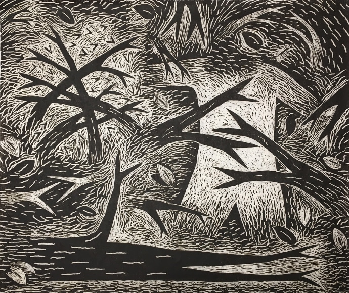 Image of Louisa Chase's Thicket (Black and White), painted in 1983.  Woodcut on Japanese fiber paper, 30 by 36 inches.