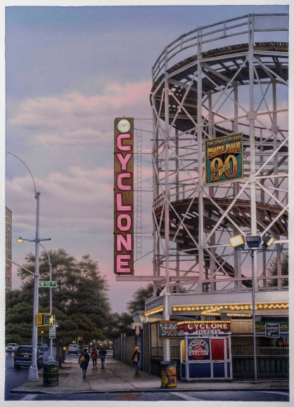 watercolor painting of the Cyclone roller coaster in Coney Island