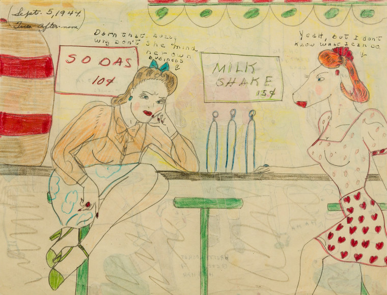 a drawing by self-taught artist Mary P. Corbett of two of her &quot;The Catville Kids&quot; at the Malt Shop; a young woman and a horse-faced woman