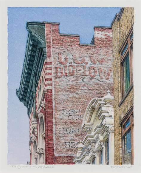 Frederick Brosen (b. 1954), "9th Street and Sixth Avenue," 2024. Watercolor over graphite on paper, 10 x 8 in.