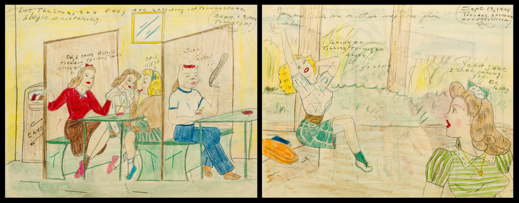 A double-sided drawing with three girls gossiping in a booth while a cat-faced boy eavesdrops on one side and two girls in a landscape on the other side.
