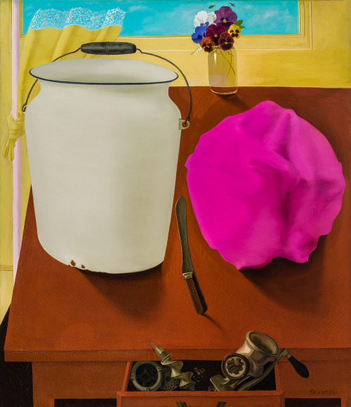 a surrealist still life painting by Honore Sharrer of a white pail and kitchen implements