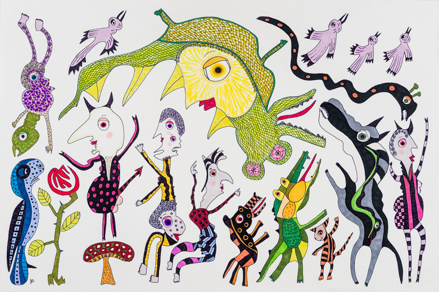 a drawing by self-taught artist Jeanne Brousseau of multiple fantastical figures and animals