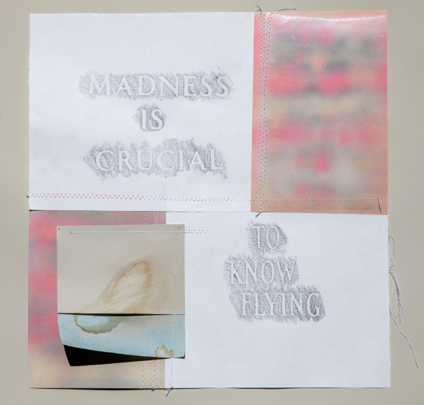 a sewn-paper collage by Lily Cox-Richard made with rubbings of text, spore prints and colorful, waxy papers