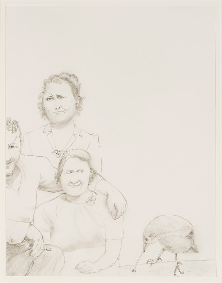 a drawing by Honore Sharrer of a family with a large bird next to them