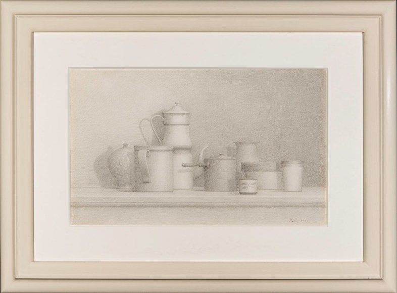William Bailey (1920&ndash;2020), &quot;Stil Life,&quot; 1977. Pencil on paper, 15 x 22 1/2 in. Showing painted Modernist frame and window mat.
