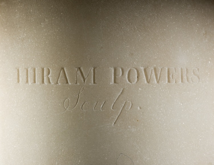 HIRAM POWERS (1805–1873) "Ginevra," 1841. Marble, 24 in. high. Detail of signature and inscription on the back of the socle.