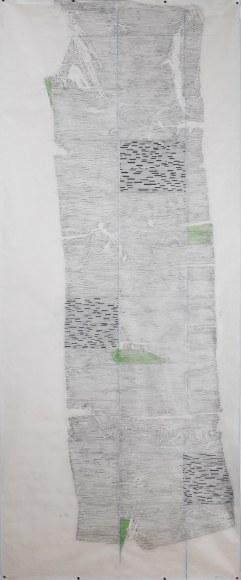 a work on paper by Maria Elena Gonzalez combining a rubbing of birch bark with abstract elements like thick dash lines and green rectangles