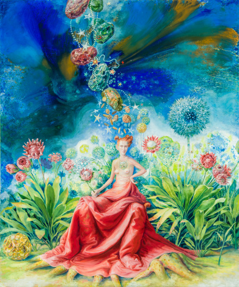 a painting by Julie Heffernan of a woman sitting in a lushly green flower bed, with gems, coins and stars floating over her head