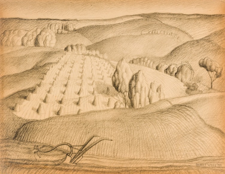 Grant Wood (1891&ndash;1942), &quot;Study No. 1, Fall Plowing,&quot;&nbsp;1931. Charcoal and pencil on paper, 10 7/8 x 14 in.