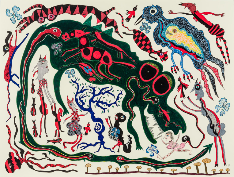 a drawing by self-taught artist Jeanne Brousseau of a giant green monster surrounded by a mix of animals, people and monsters