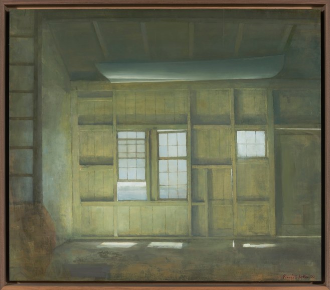 a painting by Randall Exon of the darkly lit interior of a boathouse, with a rowboat hanging from the ceiling