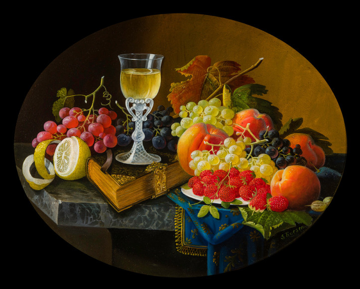 SEVERIN ROESEN (about 1815–1872), "Still Life of Fruit, Goblet, and Book on a Marble Table," about 1863–70. Oil on wood panel, 15 x 19 in.
