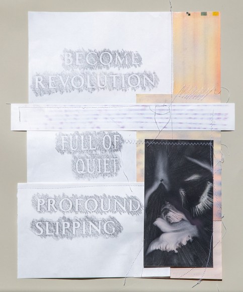 a sewn-paper collage by Lily Cox-Richard made with rubbings of text, spore prints and colorful, waxy papers