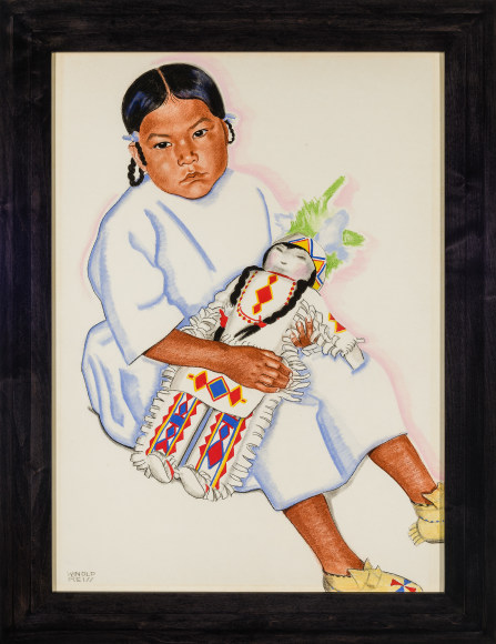 WINOLD REISS (1886–1953), "Girl with Doll." Mixed media on paper, 29 x 20 in. Showing dark-stained Modernist stepped frame.