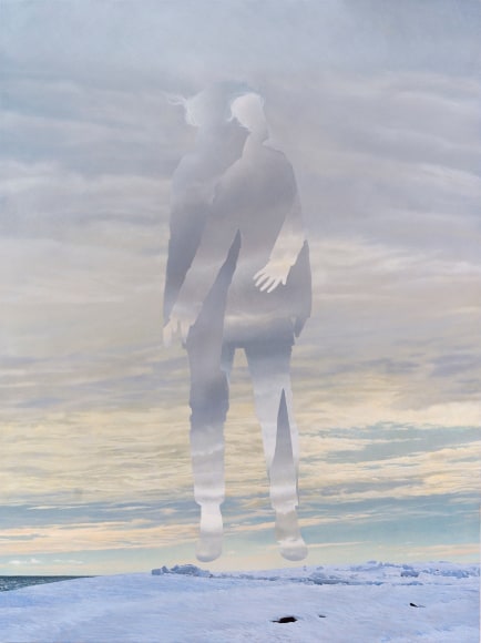 an egg tempera painting by Colin Hunt of a silhouette's void hovering over a snowy landscape