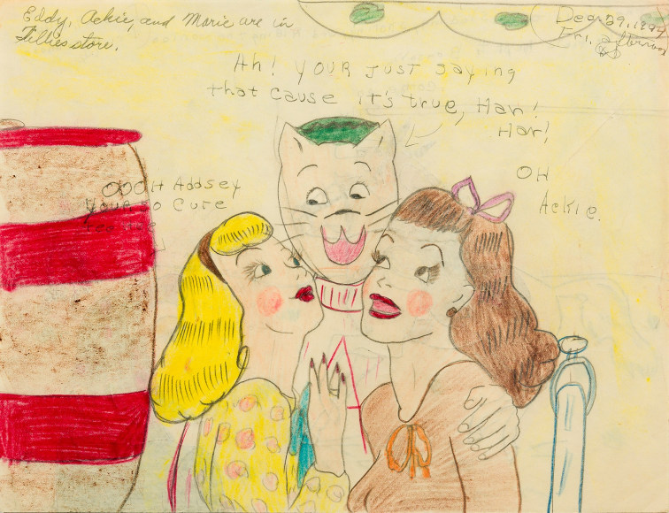 a drawing by self-taught artist Mary P. Corbett of her &quot;The Catville Kids&quot; in Tillie's Store, wherein a cat-faced young man is hugging two young women